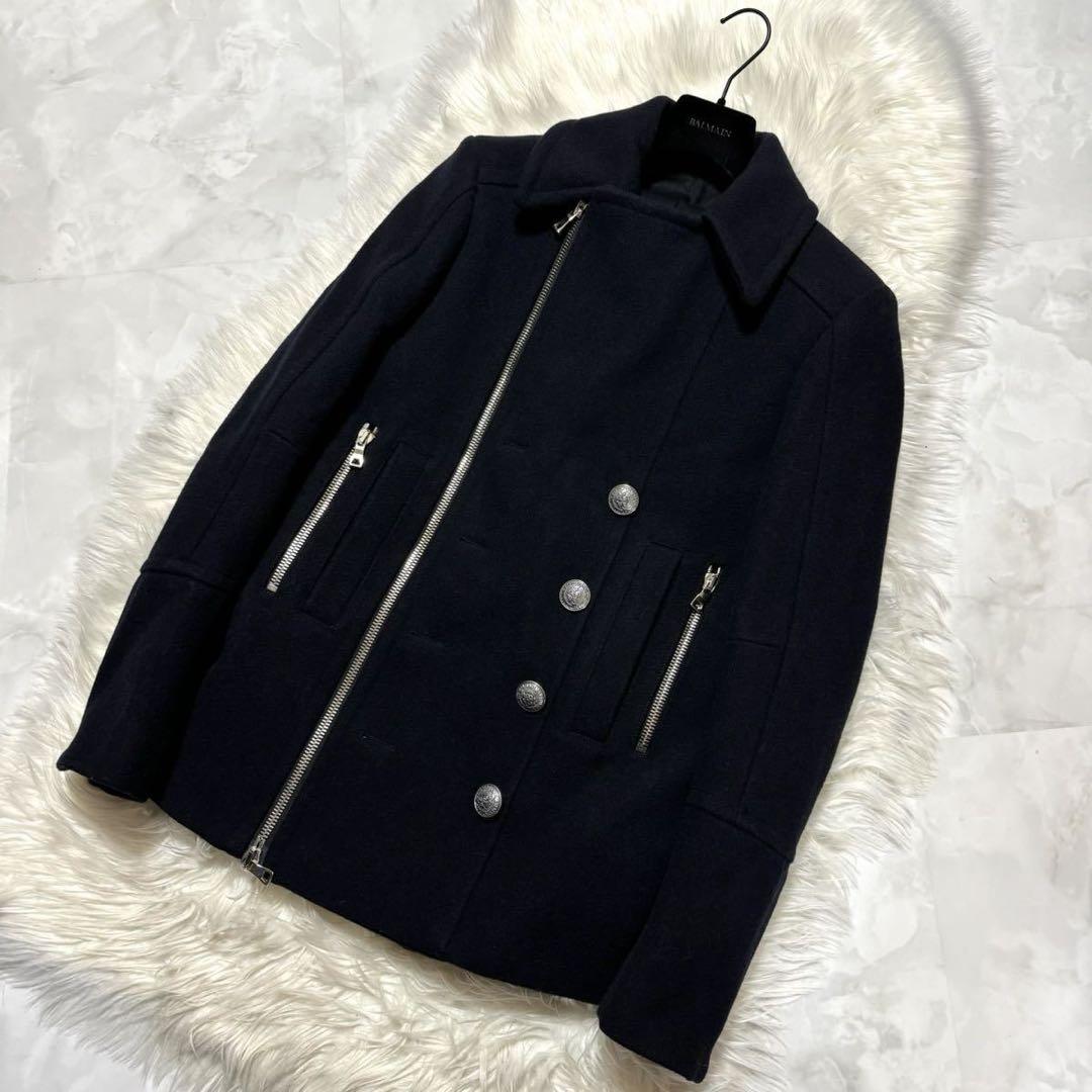 本物 バルマンオム エンブレムボタン ピーコート ジャケット 44 黒