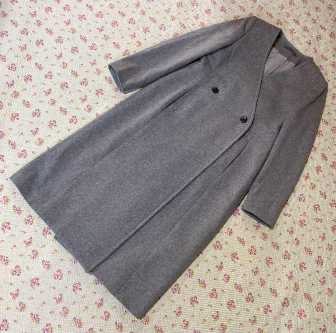 セオリーリュクス ノーカラー ロングコート 38 ダブルブレスト DMW