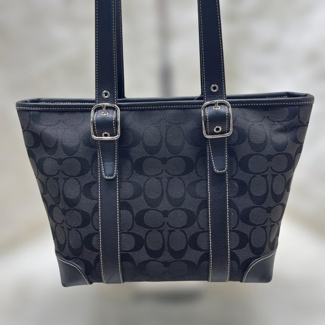 美品 COACH コーチ トートバッグ シグネチャーキャンバス6042 ブラック