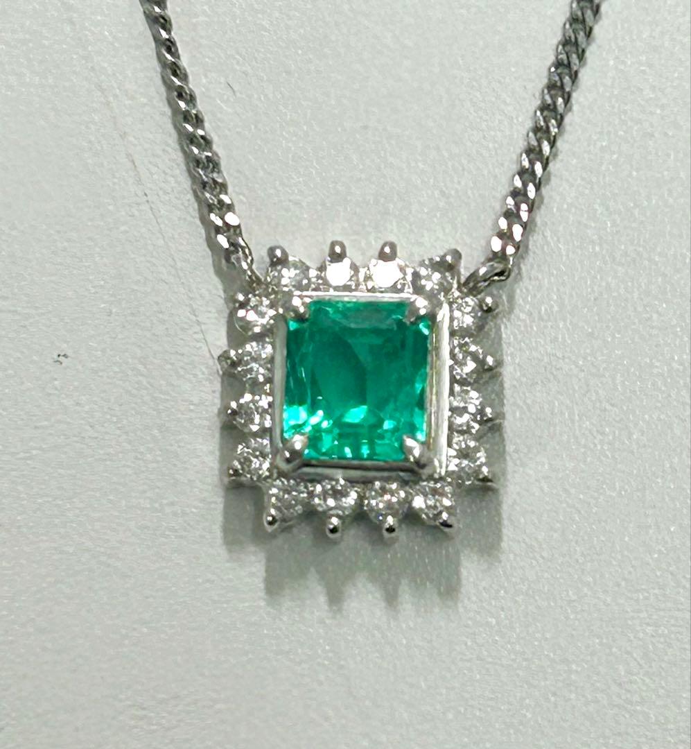 良品 エメラルド プラチナ ダイヤ ネックレス E1.04ct D0.27ct