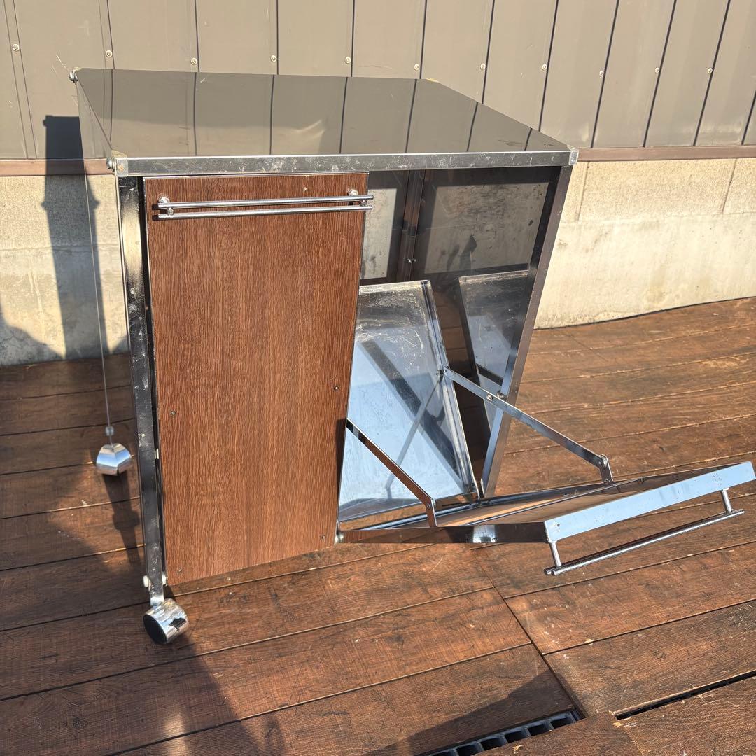 インダストリアル ステンレス製 ゴミ箱ワゴン キャスター付き 業務用 分別 木目