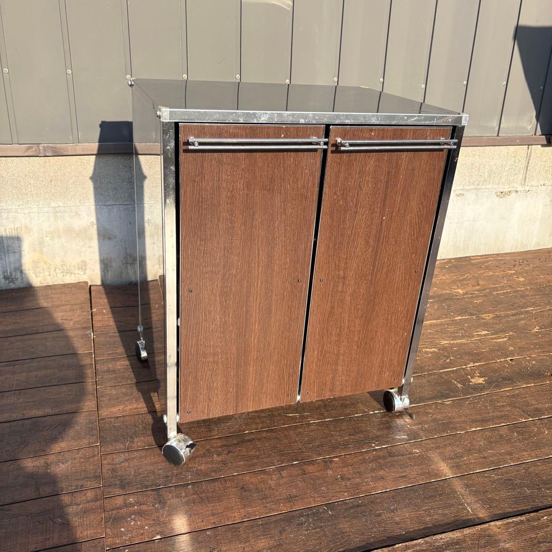 インダストリアル ステンレス製 ゴミ箱ワゴン キャスター付き 業務用 分別 木目