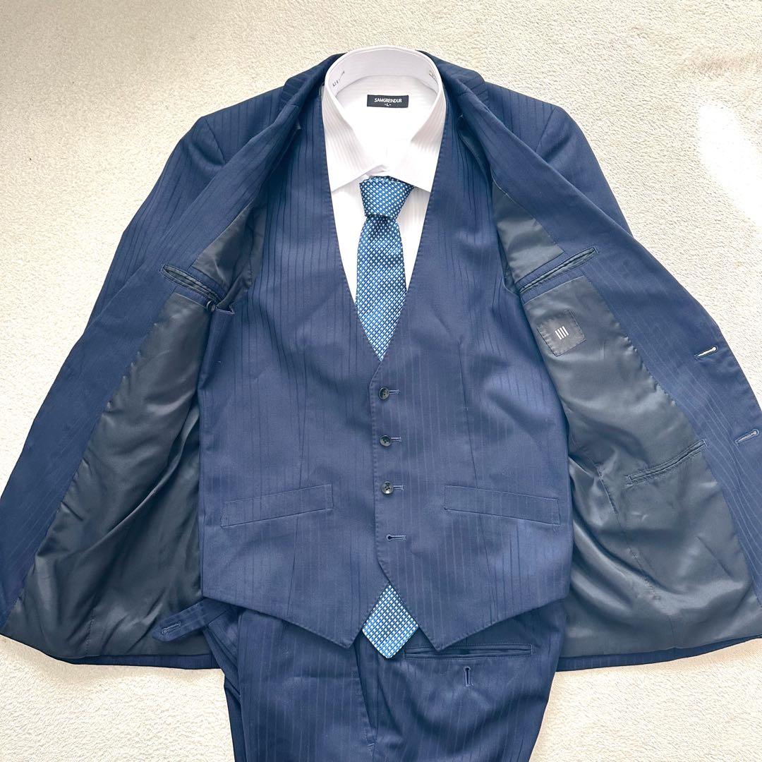スーツセレクト　スリーピース　セットアップ　スーツ　ネイビー　ストライプ