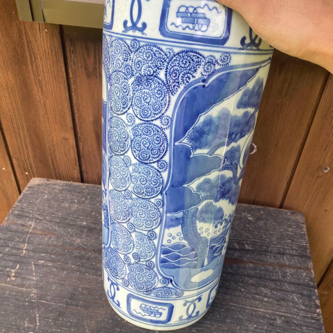 傘立て　染め付け　陶磁器　和風　骨董　青白　うさぎ　松　海
