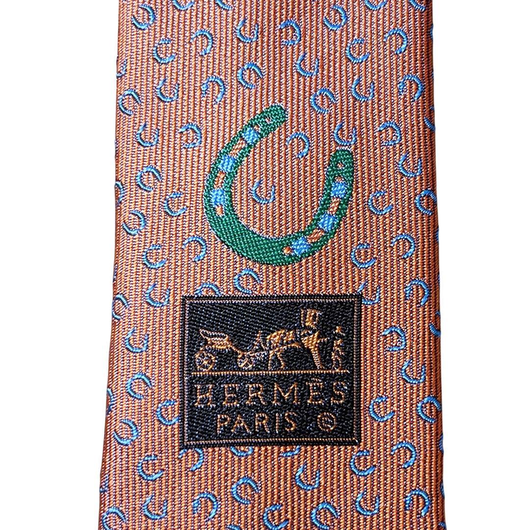 極美品　エルメス　ネクタイ　オレンジ　ファソネ　ホースシュー　H柄　ジャガード