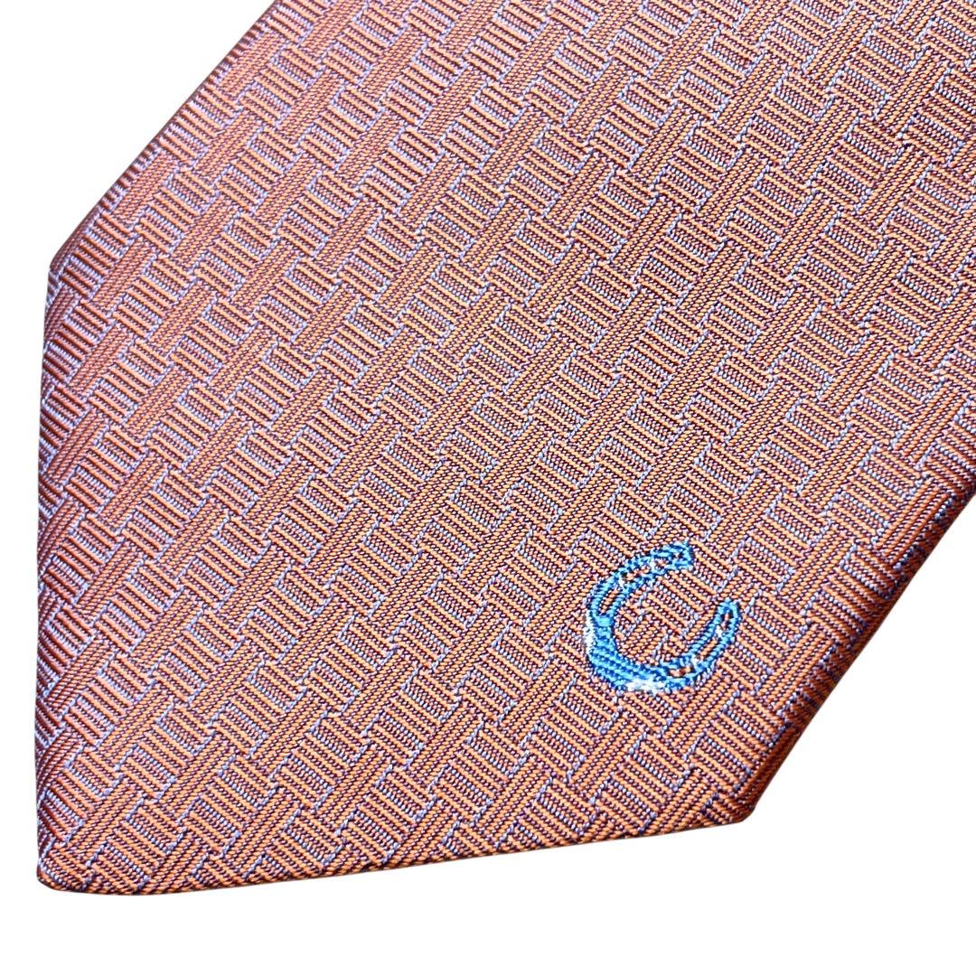 極美品　エルメス　ネクタイ　オレンジ　ファソネ　ホースシュー　H柄　ジャガード