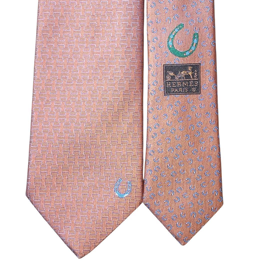 極美品　エルメス　ネクタイ　オレンジ　ファソネ　ホースシュー　H柄　ジャガード