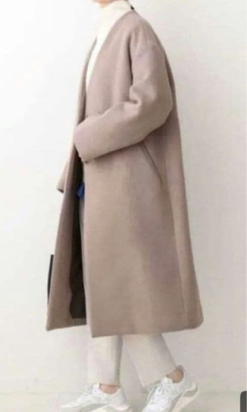 イエナ×高級マンテコ ノーカラーオーバーコート ロング グレージュ 38