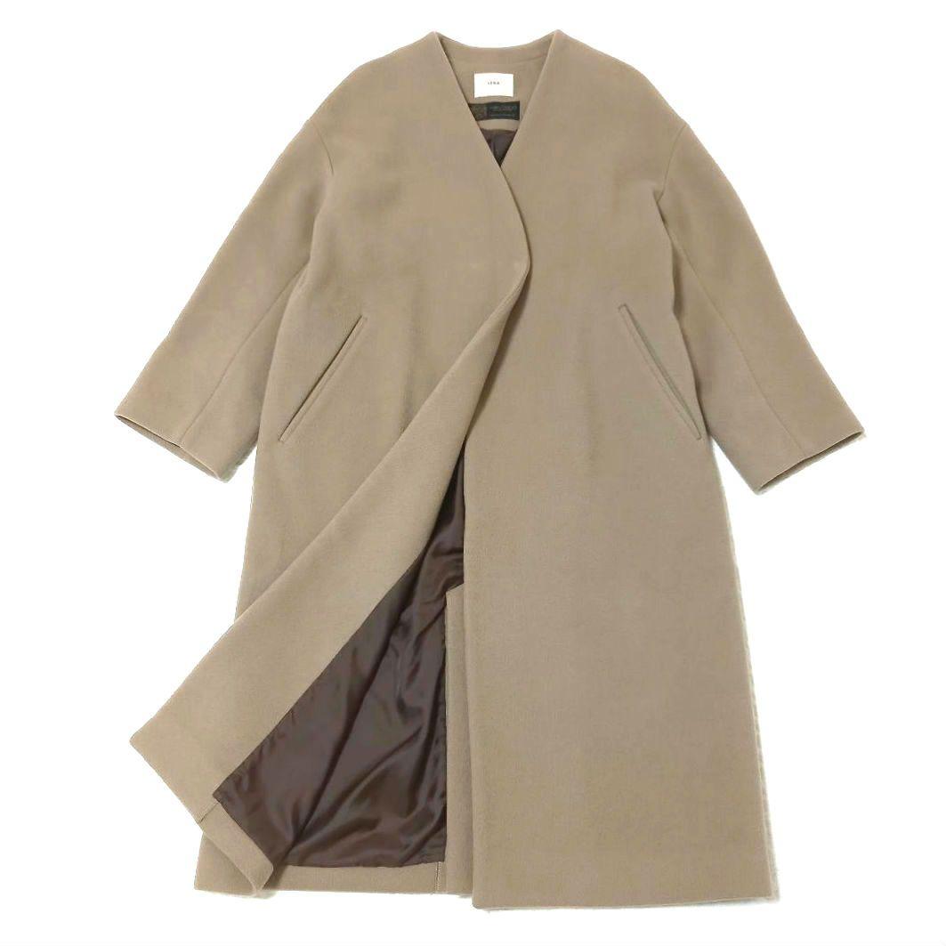 イエナ×高級マンテコ ノーカラーオーバーコート ロング グレージュ 38