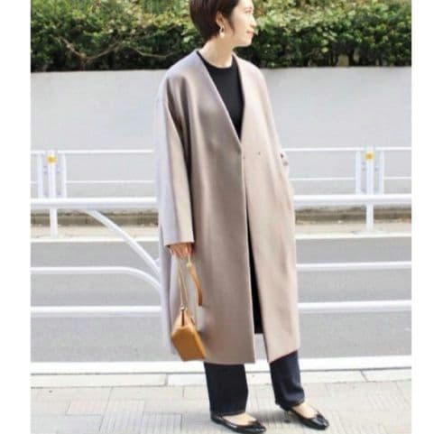 イエナ×高級マンテコ ノーカラーオーバーコート ロング グレージュ 38