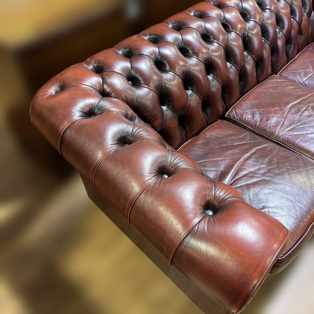 【英国】チェスターフィールド3人掛けソファ◆美品◇本革◆