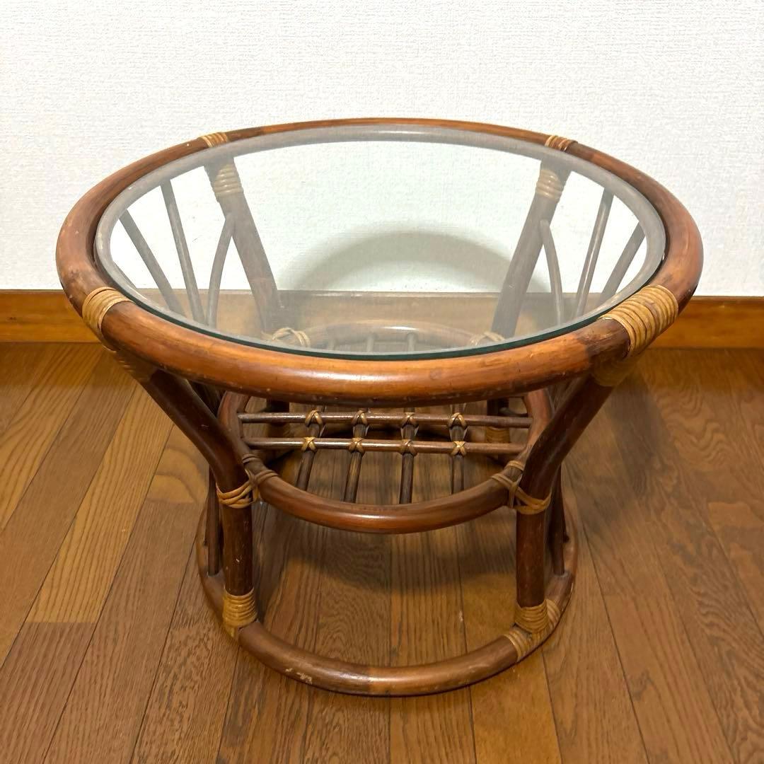 【良品】ヴィンテージ ラタン サイドテーブル ガラス