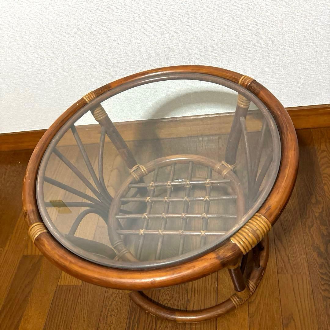 【良品】ヴィンテージ ラタン サイドテーブル ガラス