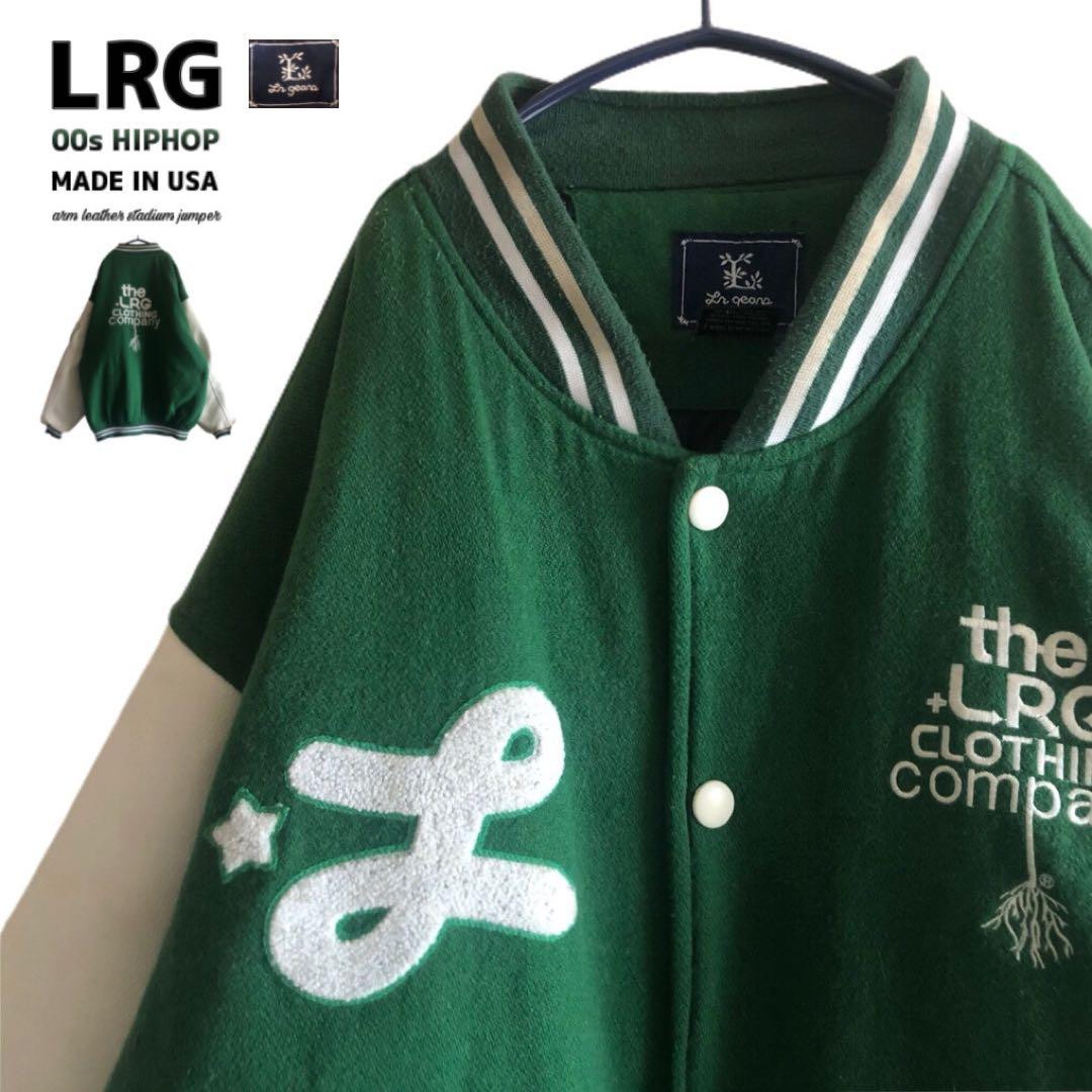 【USA製】00s LRG刺繍ビッグロゴ袖レザー肉厚スタジャンB系HIPHOP
