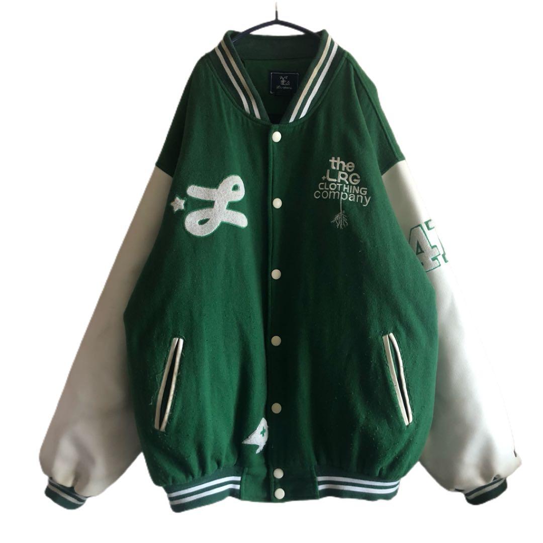 【USA製】00s LRG刺繍ビッグロゴ袖レザー肉厚スタジャンB系HIPHOP
