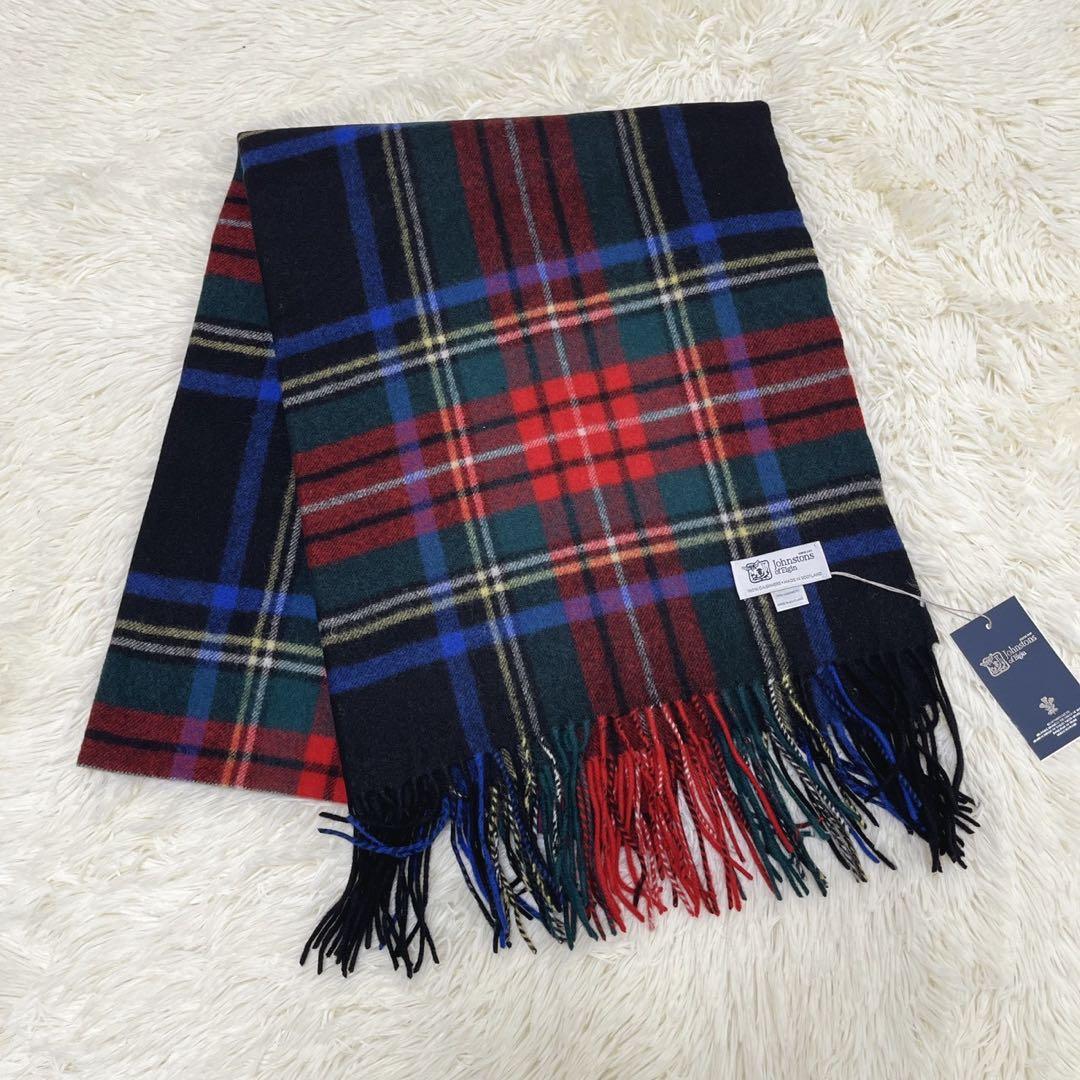 新品 ジョンストンズ 大判ストール カシミヤ ブラックスチュワートスコットランド