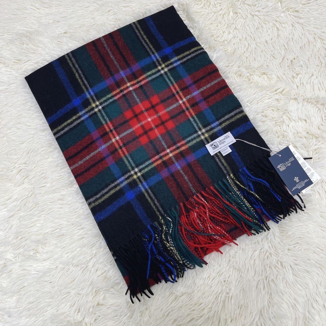 新品 ジョンストンズ 大判ストール カシミヤ ブラックスチュワートスコットランド