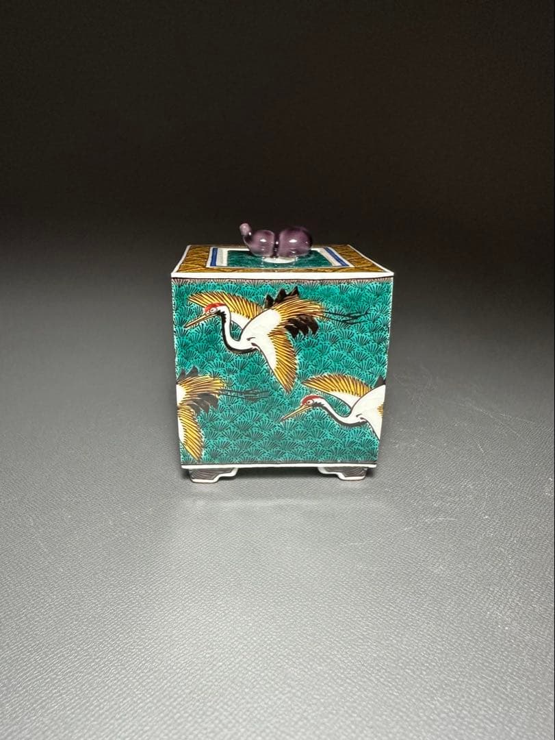 西田伸也　作　色絵群鶴文　香炉　共箱　共布　美品