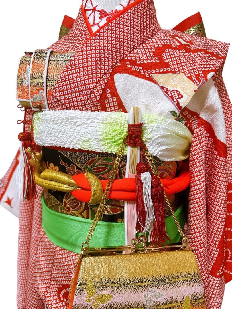 鹿の子柄♡七五三　7歳　女の子　フルセット　一式　赤系　ゴールド　黒