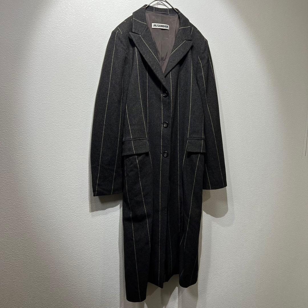 希少 美品 90s ジルサンダー 上質 デザイン ストライプ チェスターコート