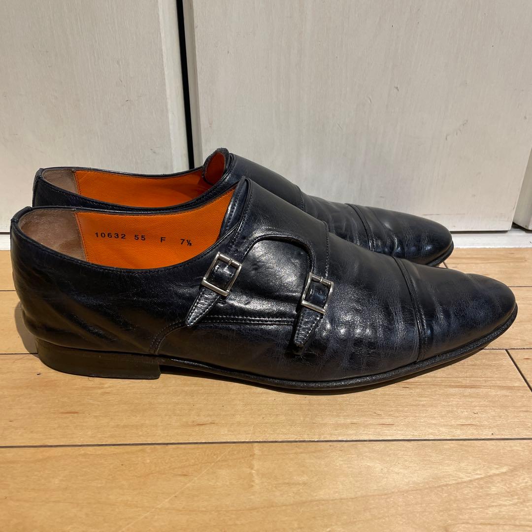 santoniネイビーダブルモンクシューズ