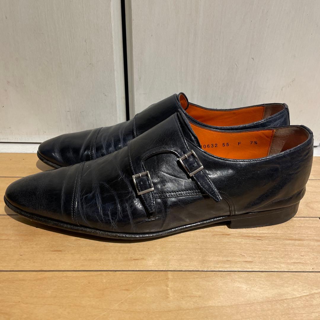 santoniネイビーダブルモンクシューズ
