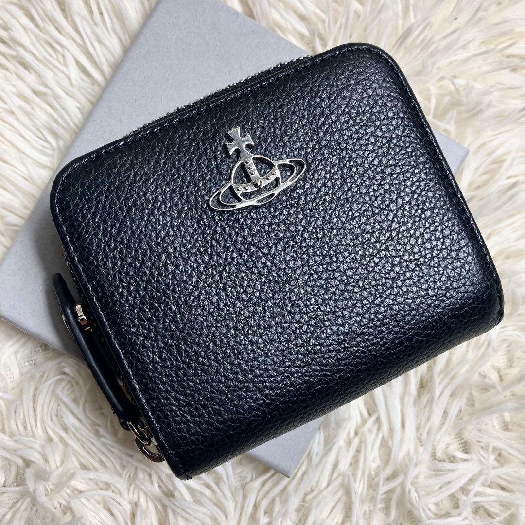 【美品】 ヴィヴィアン 折り財布 オーブ レザーブラック 箱付き