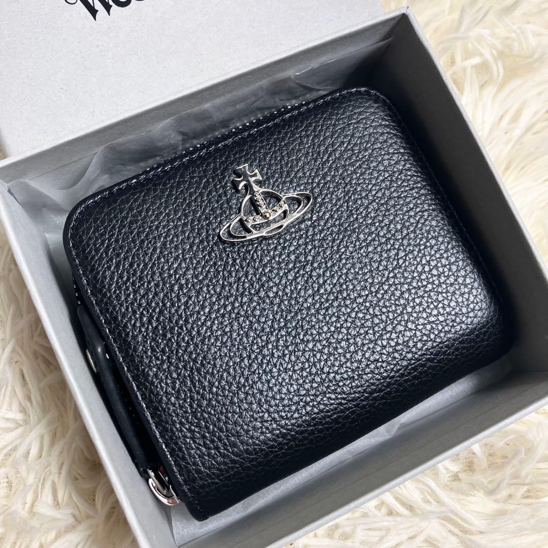 【美品】 ヴィヴィアン 折り財布 オーブ レザーブラック 箱付き