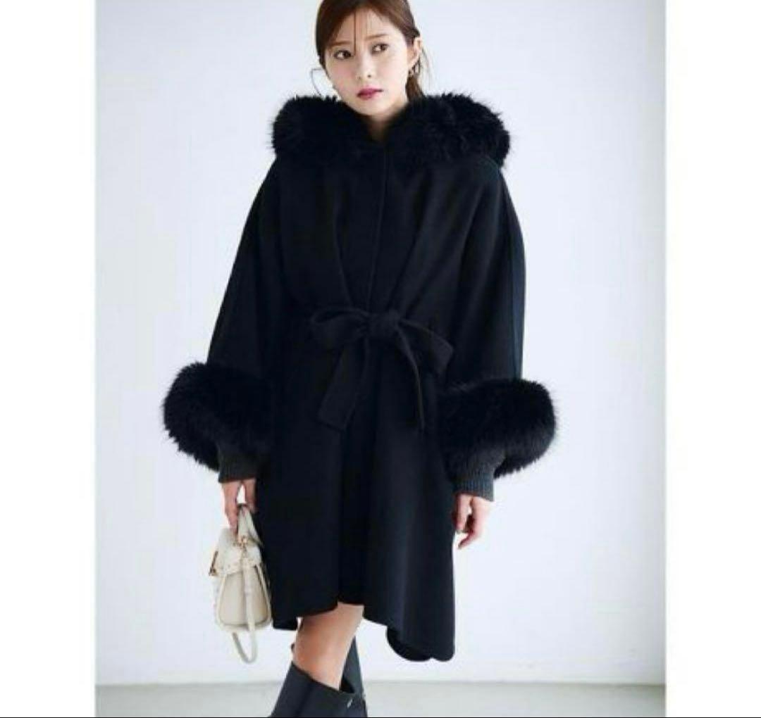 極美品☆ブラック フード付き ポンチョコート