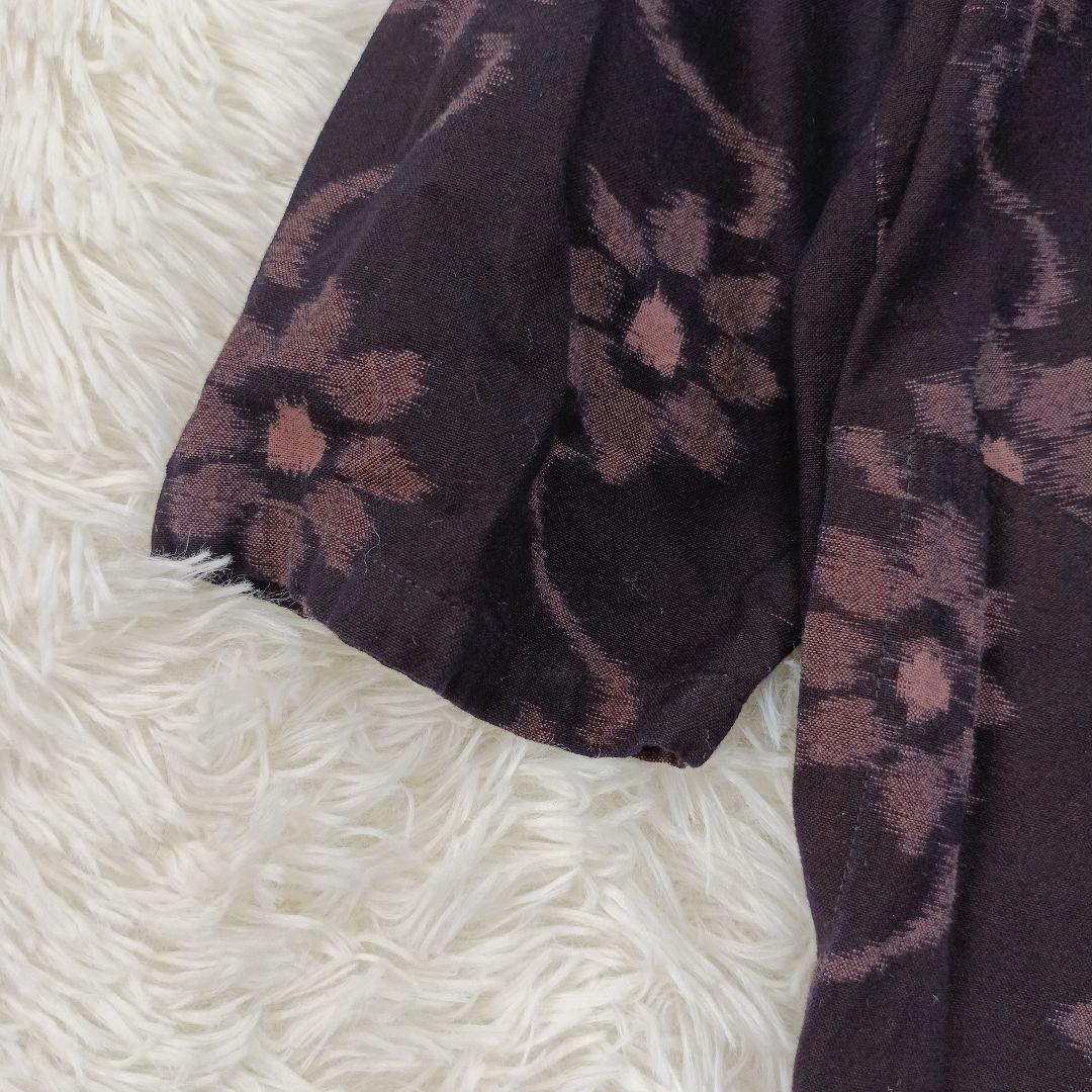 美品✨ギエモン　花柄　ロング丈　バンドカラー 久留米絣ワンピース　七分袖