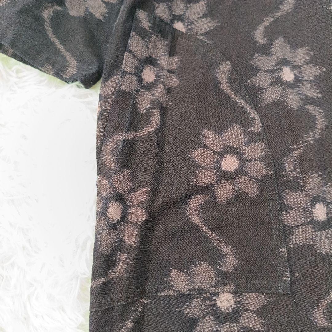 美品✨ギエモン　花柄　ロング丈　バンドカラー 久留米絣ワンピース　七分袖