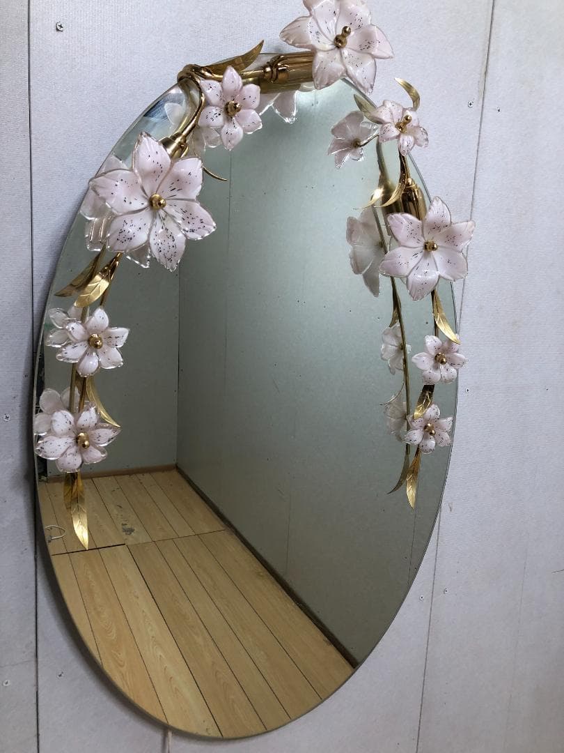 壁掛けミラー アンテーク レトロ ビンテージ 照明 花 楕円形 250413