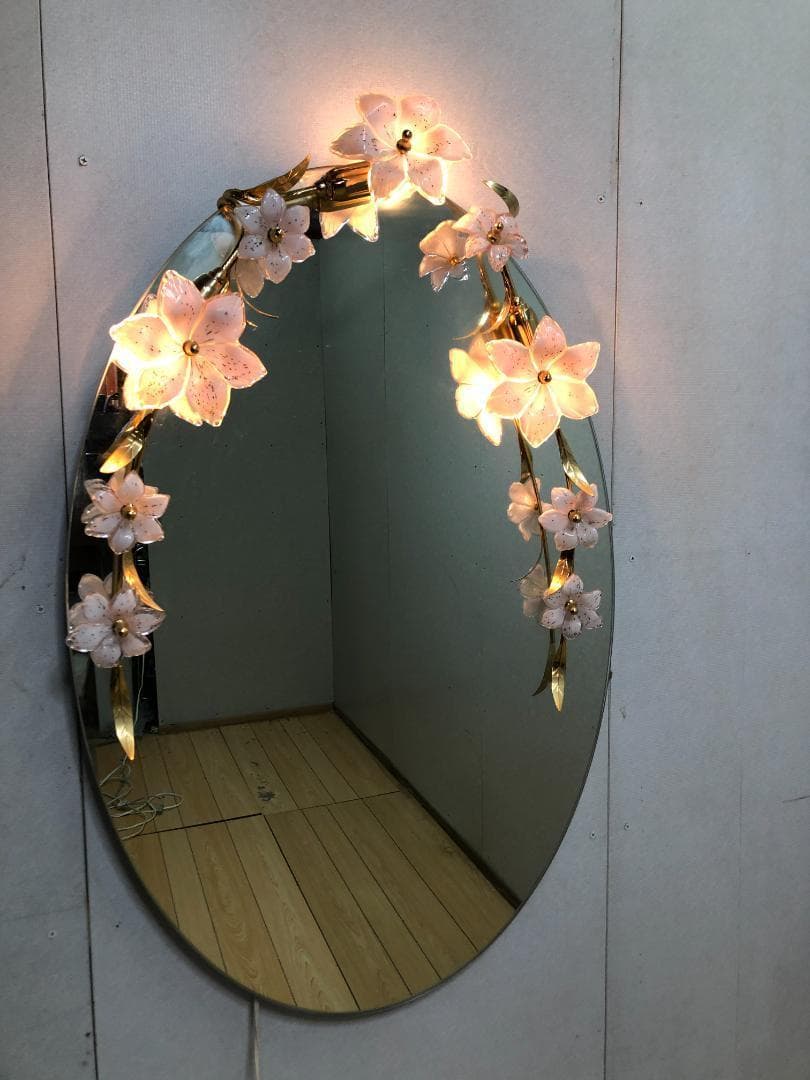 壁掛けミラー アンテーク レトロ ビンテージ 照明 花 楕円形 250413