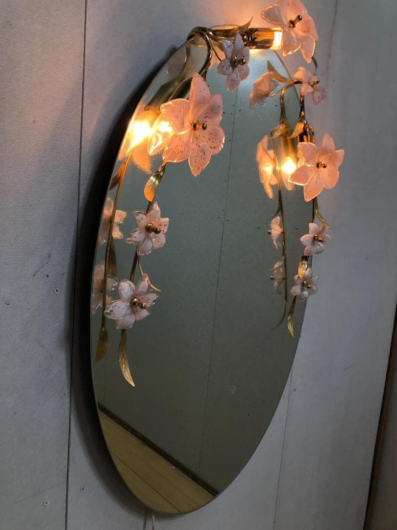 壁掛けミラー アンテーク レトロ ビンテージ 照明 花 楕円形 250413