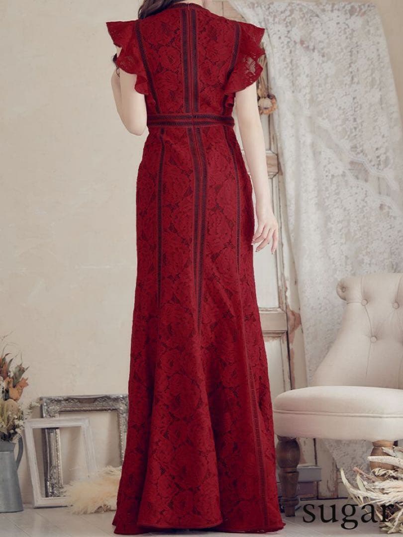 SETTANセッタン/総レースVネックAラインロングワンピースキャバドレス/2赤