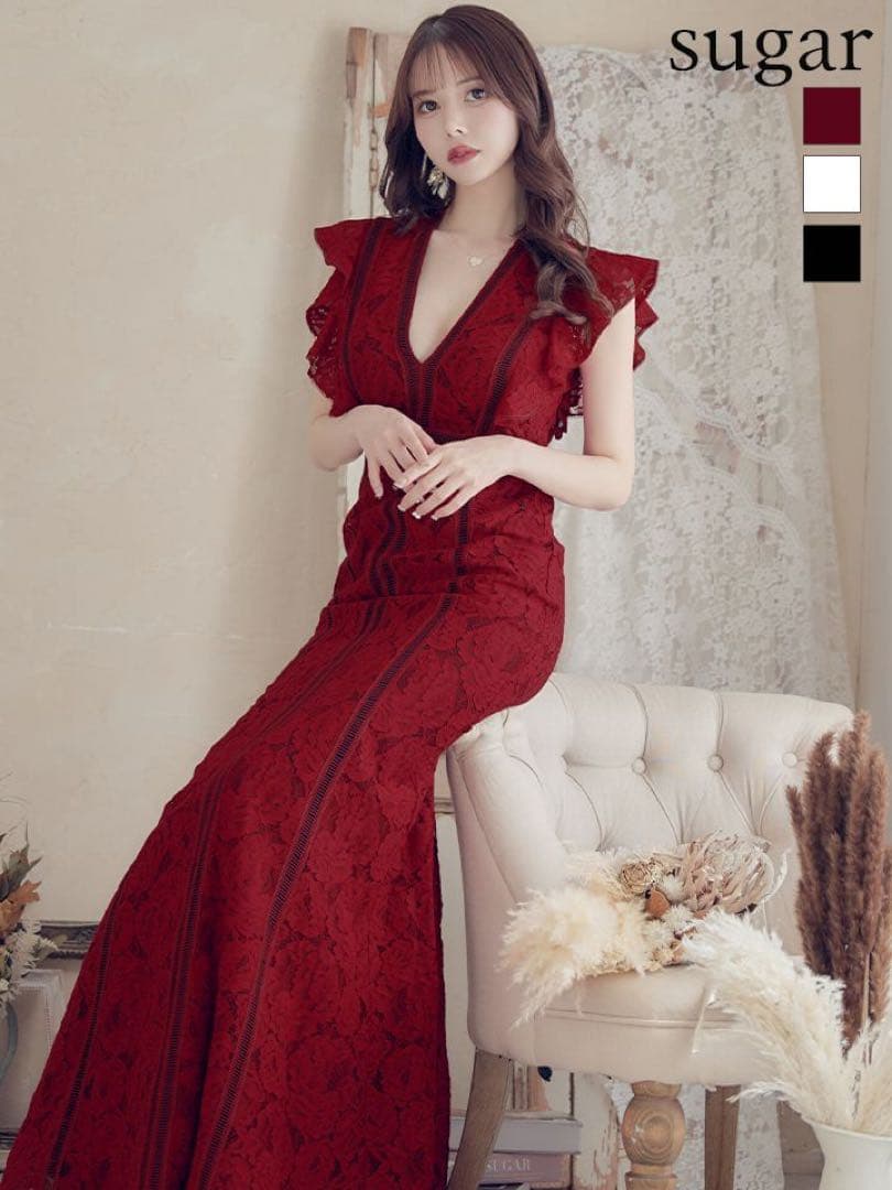 SETTANセッタン/総レースVネックAラインロングワンピースキャバドレス/2赤