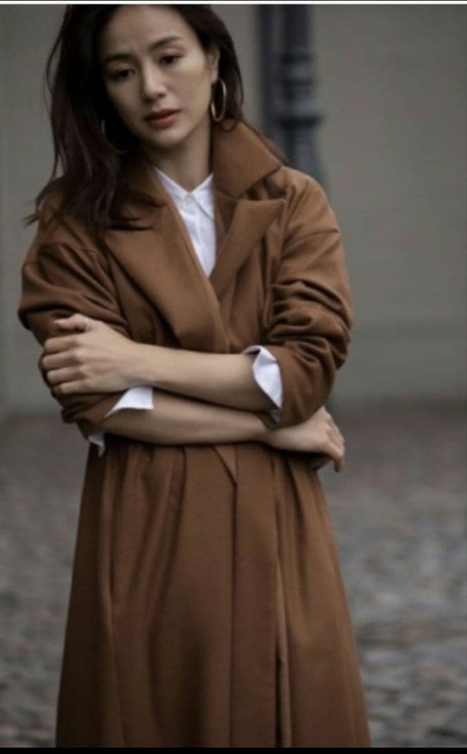 井川遥　ロワン　loin ブラウン ウール混合 ロングコート ベルト付き