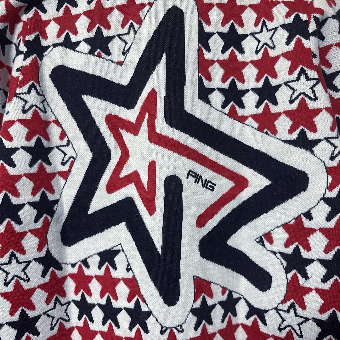 【新品】 PING ピン 総柄 星 ウール混 ニット ジャケット レッド L
