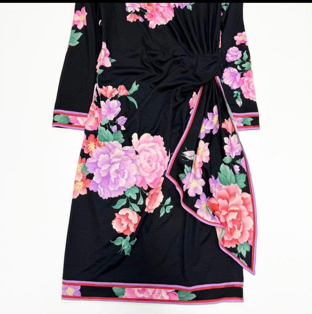 【美品✨】レオナール　ワンピース　花柄　ボタニカル　トリム　ウール　シルク　38