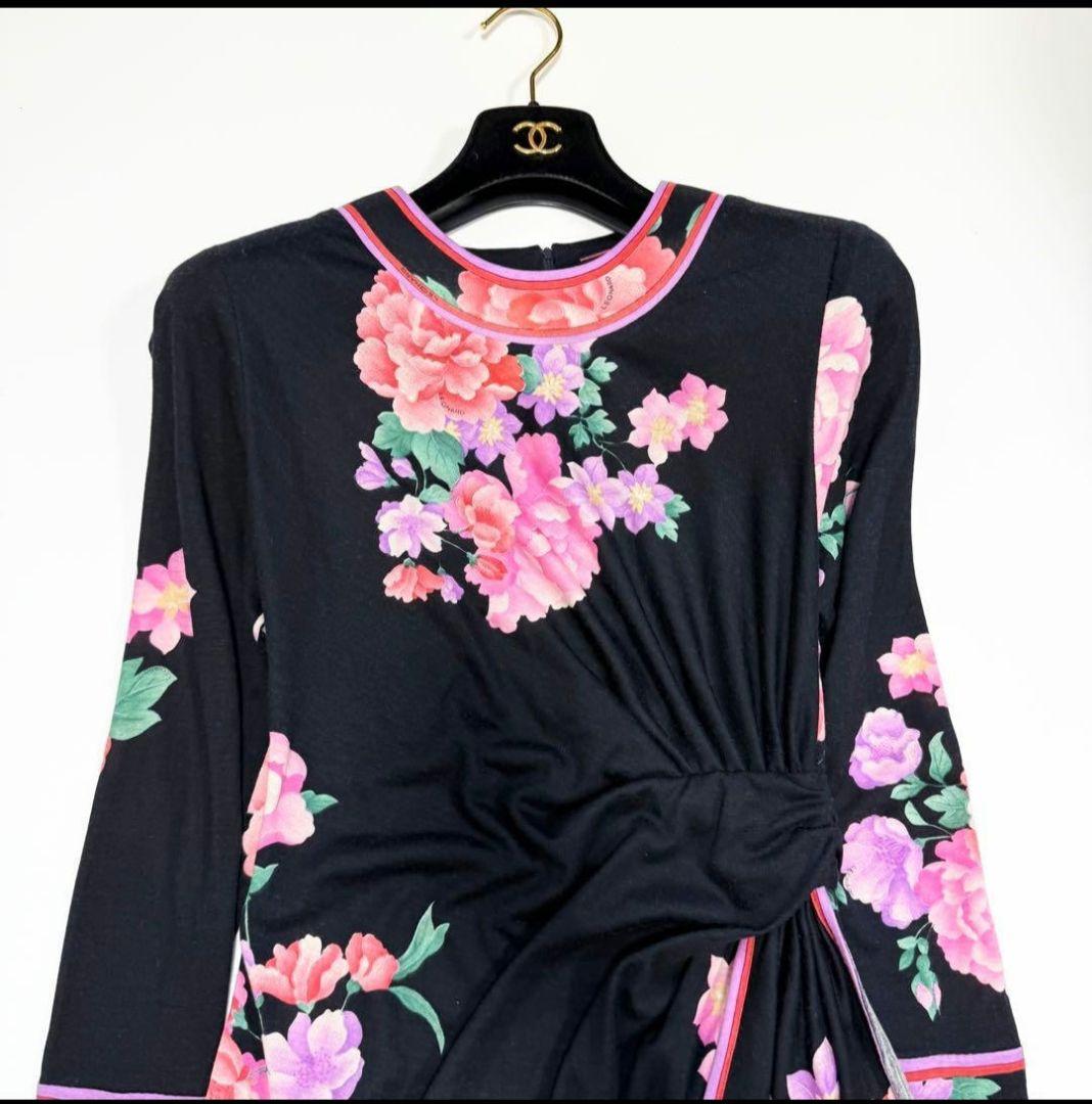 【美品✨】レオナール　ワンピース　花柄　ボタニカル　トリム　ウール　シルク　38