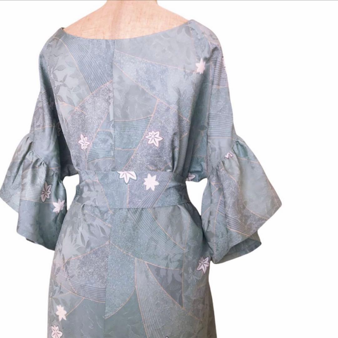 着物リメイクワンピース　水色　紅葉