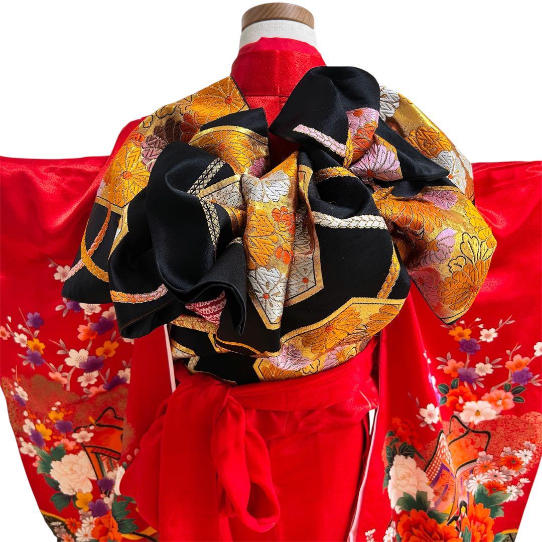 着物　七五三　7歳　女の子　13点　フルセット　赤色　御所車　四季草花　金彩