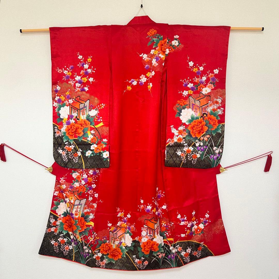 着物　七五三　7歳　女の子　13点　フルセット　赤色　御所車　四季草花　金彩