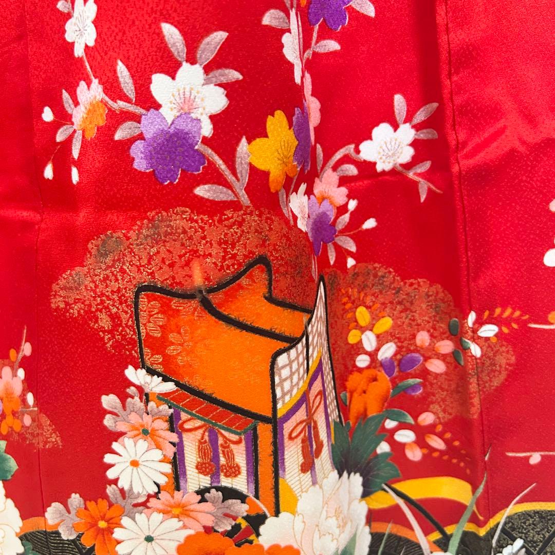 着物　七五三　7歳　女の子　13点　フルセット　赤色　御所車　四季草花　金彩