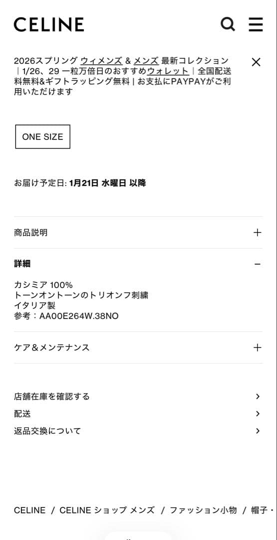 【本日特価】CELINEセリーヌ　トリオンフニット帽/スコティッシュカシミア