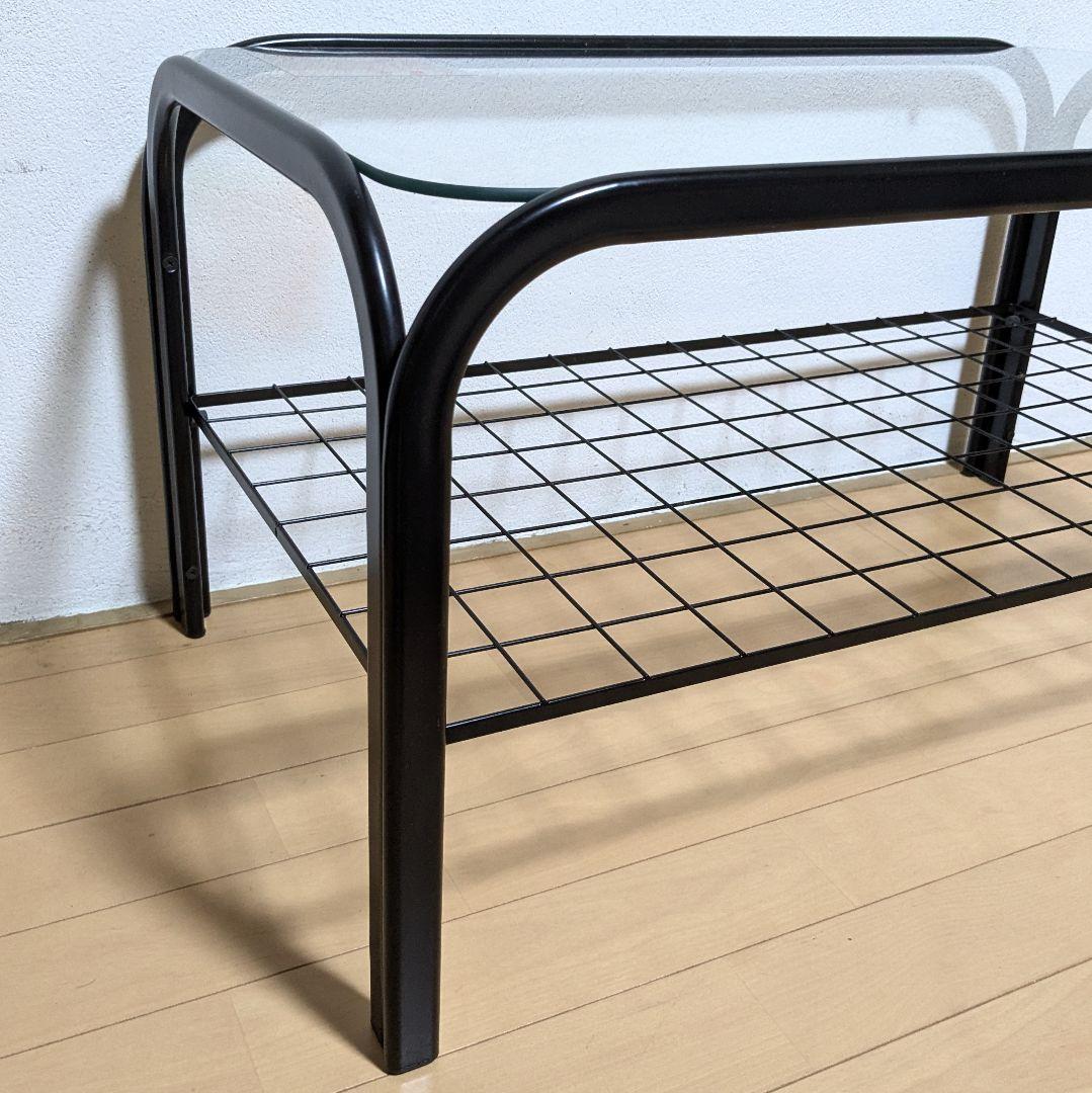 昭和レトロ ガラス アイアンフレーム ローテーブル 網棚付き ブラック 黒