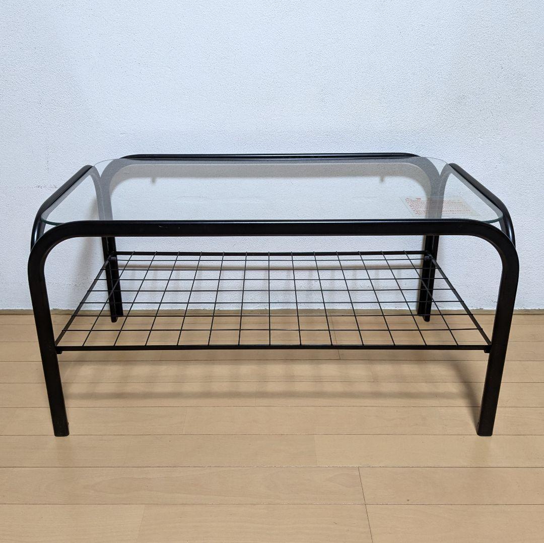 昭和レトロ ガラス アイアンフレーム ローテーブル 網棚付き ブラック 黒