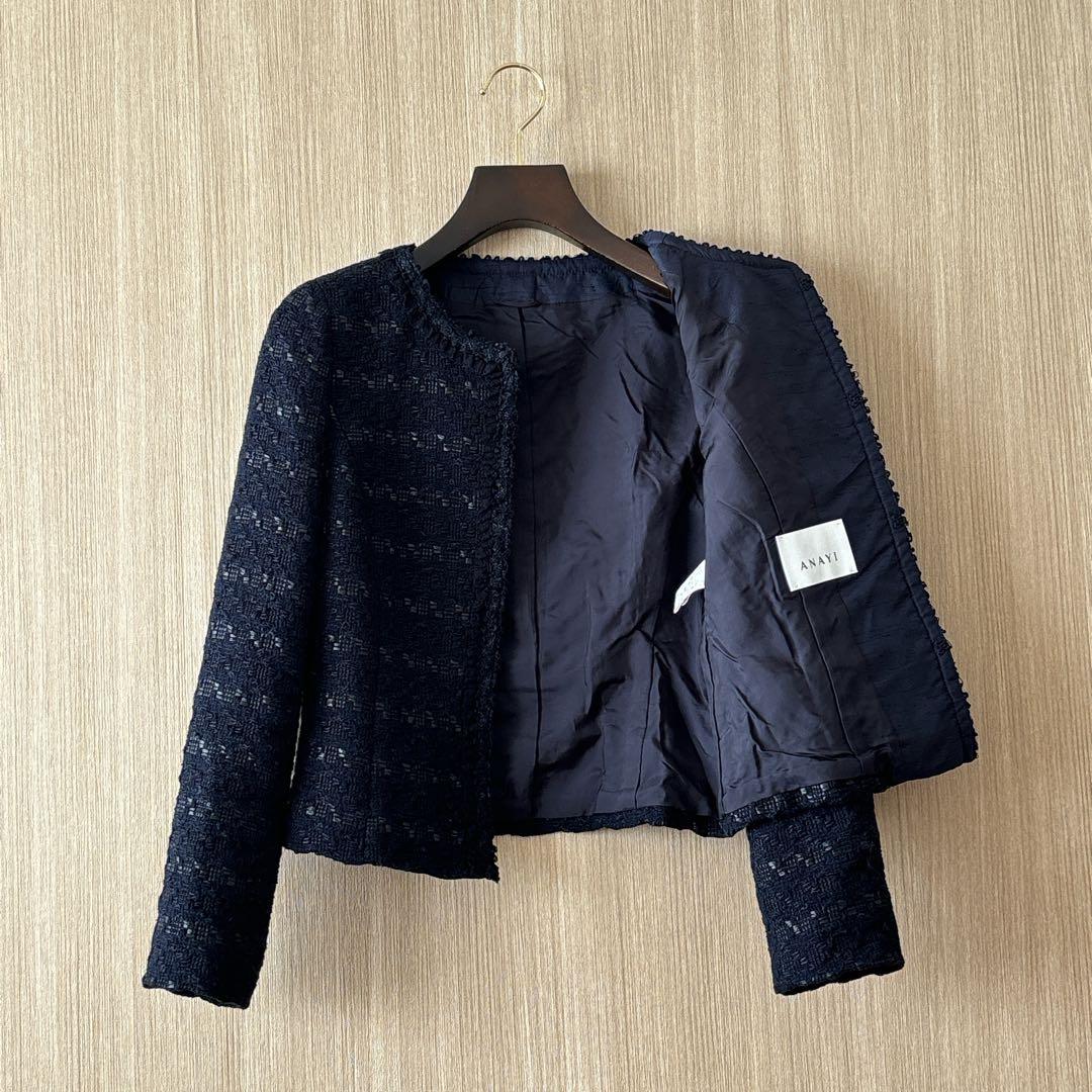 【1234】アナイ　テープヤーンツイードクルージャケット　濃紺　フォーマル　38