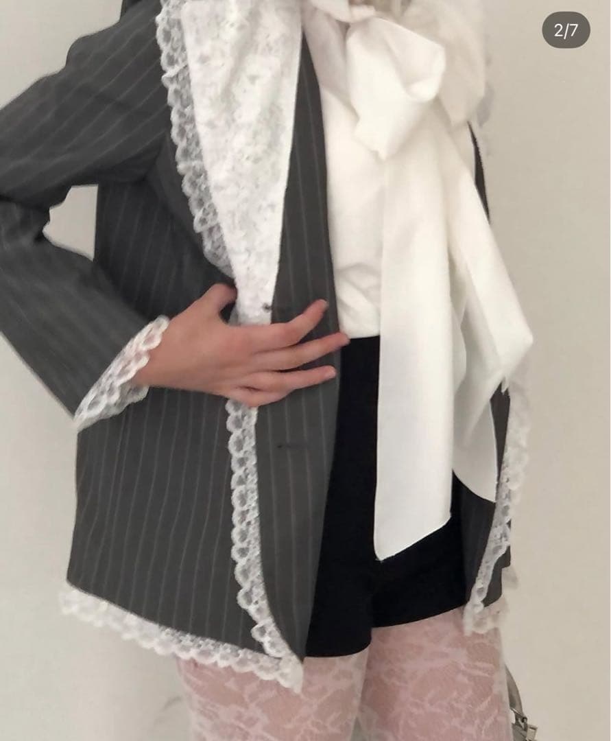 Treat Ürself lace stripe jacket グレー タグ付