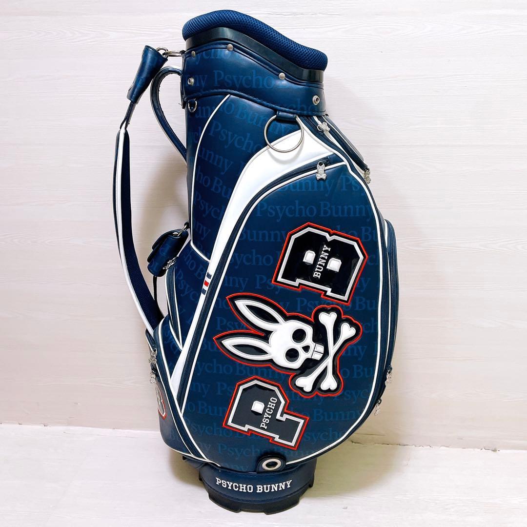良品 PSYCHO BUNNYサイコバニー キャディバッグ 9.5型 総柄 紺
